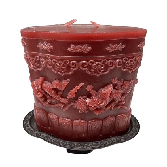 Vintage Wine Red Chinese Dragon Candle on Stand - Picture 5 of 8